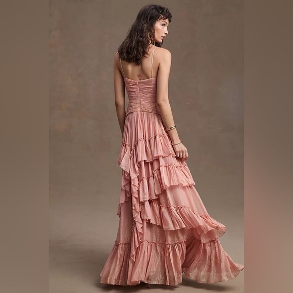 Anthropologie x BHLDN Jessa Asymmetrical Ruffled Metallic Drop Waist Gown 0 - Picture 6 of 15